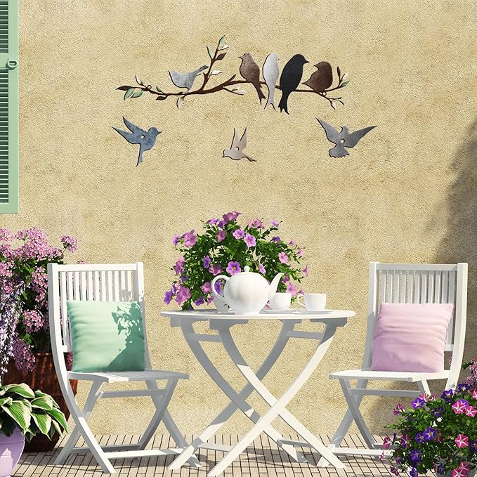 Ferraycle Metal Bird Wall Art Birds on the Branch Decor Metal Sculpture Silhouette Ornament Branch Wall Hanging Sign for Balcony Garden Home Decor(Dark Colors)