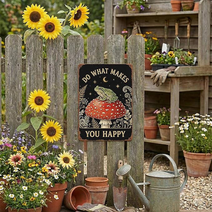 Goblincore Room Decor Tin Sign - "Do What Makes You Happy" Frog on Mushroom Art - Metal Sign 8x12 Vintage Cottagecore Wall Plaque for Shed, Bedroom, Dorm, Bathroom