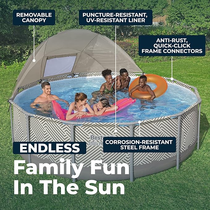 Bestway Steel Pro MAX 13' x 42" Above Ground Pool, Round Metal Frame Outdoor Swimming Pool Set with Canopy, Filter Pump, Ladder, and Cover, Taupe