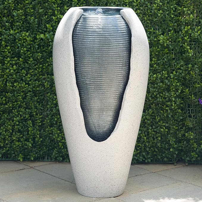 Alpine Corporation - 29" Tall Two Tone Ribbed Jar Floor Fountain with LED Lights – Elegant Indoor/Outdoor Water Feature, Easy Setup with Pump & Plug-in Design (Gray)