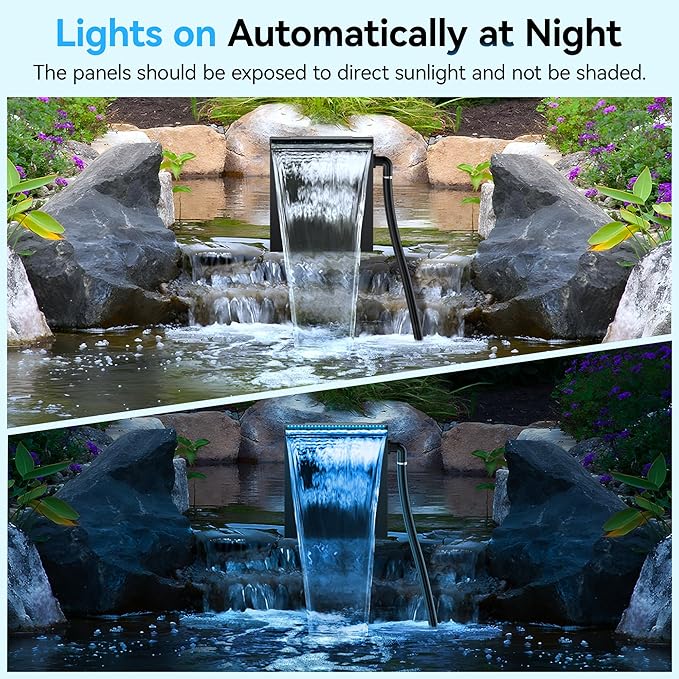 POPOSOAP Pond Waterfall Spillway Kit with LED Lights, 13.4" H x 12" W Stainless Steel Spillway with 660GPH Pond Pump, Filtration, 10FT Corrugated Tubing Waterfall for Water Garden, Backyard, Pool