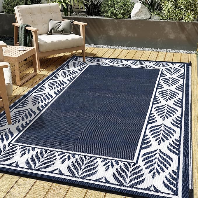 HUGEAR Outdoor Plastic Straw Rug, Waterproof Mat, Washable Large Floor Mat and Rug for Outdoors, RV, Beach, Patio, Camping, Backyard, Deck, Picnic, Outside (6x9ft,Olive-Leaf/Dark Blue&White)
