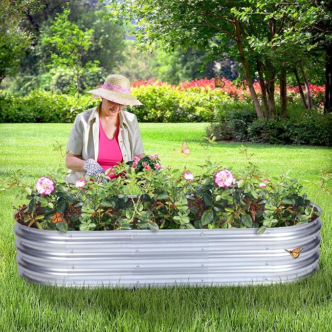 Aoodor Galvanized Raised Garden Bed Kit, 5 x 2 x 1 Ft, Oval Planter Box for Vegetables, Flowers, and Herbs, Outdoor Use, Silver