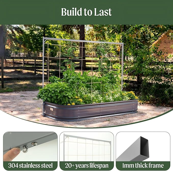 Vego Garden Metal Frame Tomato Trellis, Garden Trellis for Climbing Plants Like Cucumber Beans Tomatoes & Vines, 5.0ft Long Metal Trellis for Raised Garden Beds