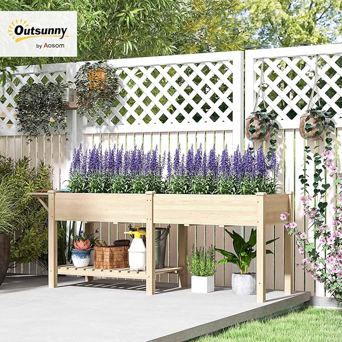 Outsunny Raised Garden Bed, Wood Elevated Planter Box with Side Table, Bottom Shelf, Outdoor Raised Planter with Bed Liners, Drainage Holes for Vegetable Flower, 81.5 x 23 x 31 in, Natural