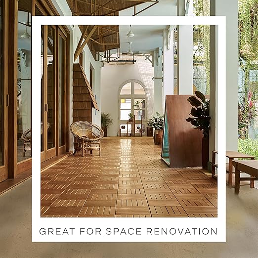 30 Pcs Deck Tiles, Patio Flooring - Outdoor Waterproof Acacia Wood Tiles for All Weather Use - Balcony, Backyard, Indoor & Outdoor (Golden Teak Striped Pattern, 30 Square Ft)