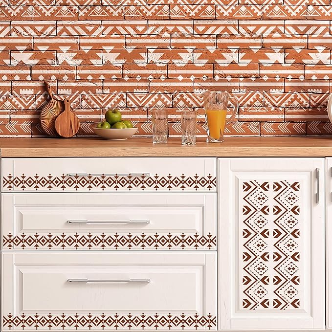 Sistink Reusable Aztec Stencils for Painting - 8 Pcs Tribal Stencils for Crafts Reusable, Boho Corner Stencil for Painting, DIY Aztec Templates on Wood Cabinets Wall Decor
