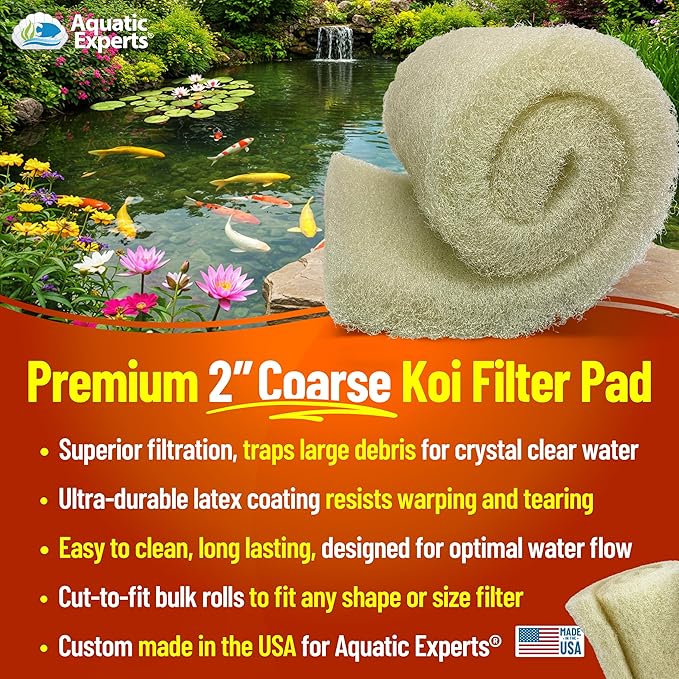 Aquatic Experts Cream COARSE Pond Filter Pad - 2 inch Thick - Bulk Roll Water Garden Filter Pond Media - Made in USA (18 inch by 72 inch)