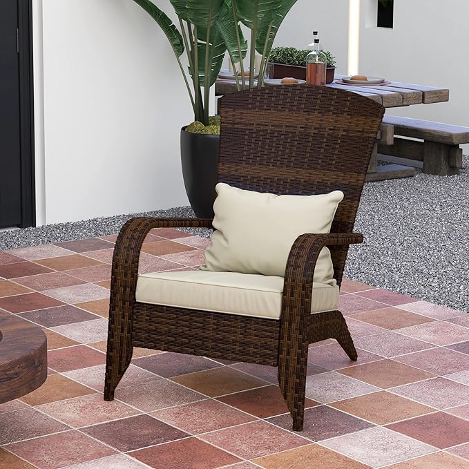 Outsunny Patio Wicker Adirondack Chair, Outdoor All-Weather Rattan Fire Pit Chair with Soft Cushions, Tall Curved Backrest and Comfortable Armrests for Deck or Garden, Mixed Brown/Cream White