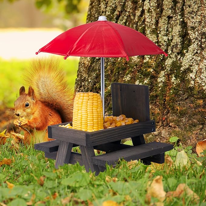 Squirrel Feeder Picnic Table, Squirrel Feeders for Outside with Umbrella and Flag, Black Wood Squirrel Feeder with Corn Cob Holder Cute Chipmunk Feeder for Yard and Porch Decoration