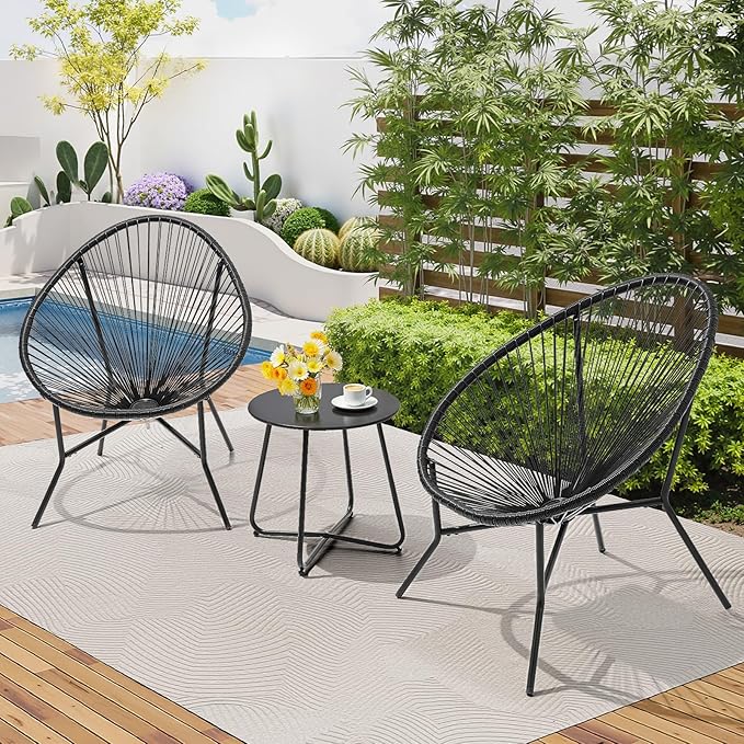 ONBRILL 3 Piece Patio Bistro Set, Outdoor Acapulco Chairs with a Coffee Table, All-Weather PE Rattan Patio Furniture Set for Balcony, Garden, Proch, Black