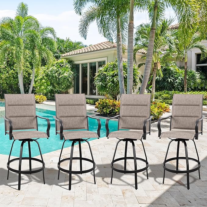 Vongrasig 4 Piece Outdoor Patio Swivel Bar Chairs, All Weather Padded Sling Textile High Top Bar Stools, Bistro Set for Backyard, Lawn Garden, Balcony, Gray