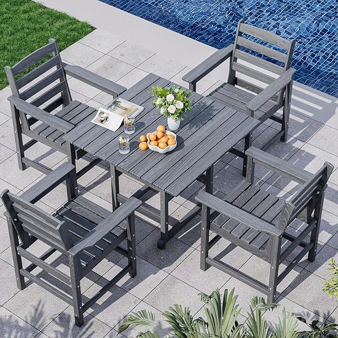 Outdoor HDPE Dining Table Set, 5-Piece All-Weather HDPE Outdoor Table and Chairs with Elegant Armrest, Wood Grain Patio Furniture Sets with Umbrella Hole for Porch, Backyard, Gray