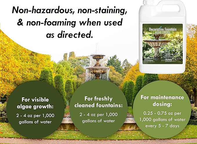 Fountain Algaecide and Clarifier - Gallon - Kills and Inhibits All Types of Algae Growth, Formulated for Small Ponds and Water Features, Treats up to 128,000 Gallons