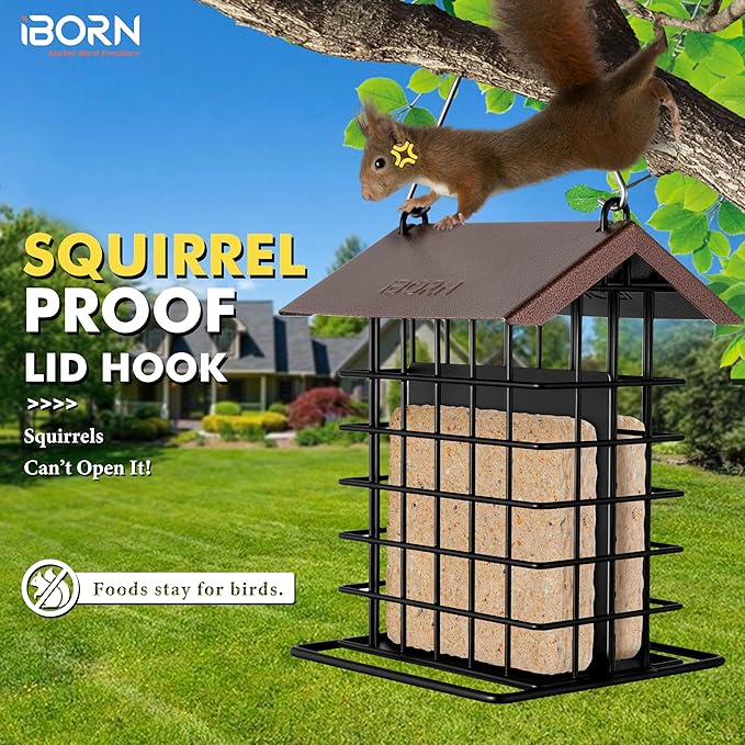 iBorn Suet Feeder for Outside Hanging,Suet Bird Feeders for Outdoors,Suet Holder With Squirrel Proof Hanger Hook,Suet Cage Bird Feeder,Woodpecker Feeder,Weatherproof Metal Roof,All Metal,1 Pack,Coffee
