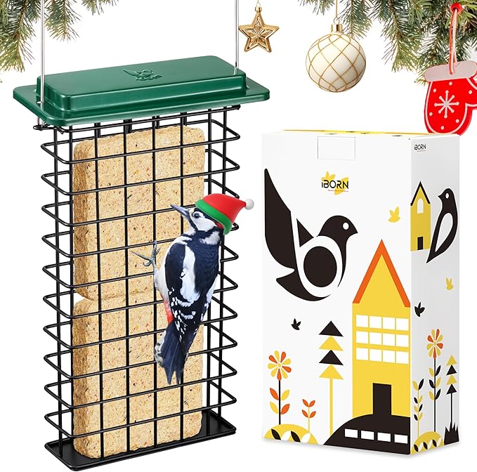 iBorn Metal Double Suet Feeder,Durable Suet Cake Cage Bird Feeder for Outdoors Hanging，Metal Roof Bird Feeder with Taller Grid for Woodpeckers,Large Suet Holder,Easy Clean & Refill,1 Pack,Green