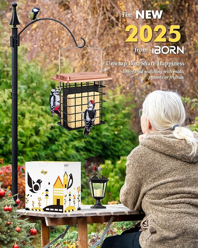 iBorn Double Suet Feeder- Metal Roof Bird Feeder with Taller Grid for Woodpeckers, Suet Cake Cage Bird Feeder for Outdoors Hanging,Easy-Clean & Refill,Metal Brushed Copper（Pack of 1）