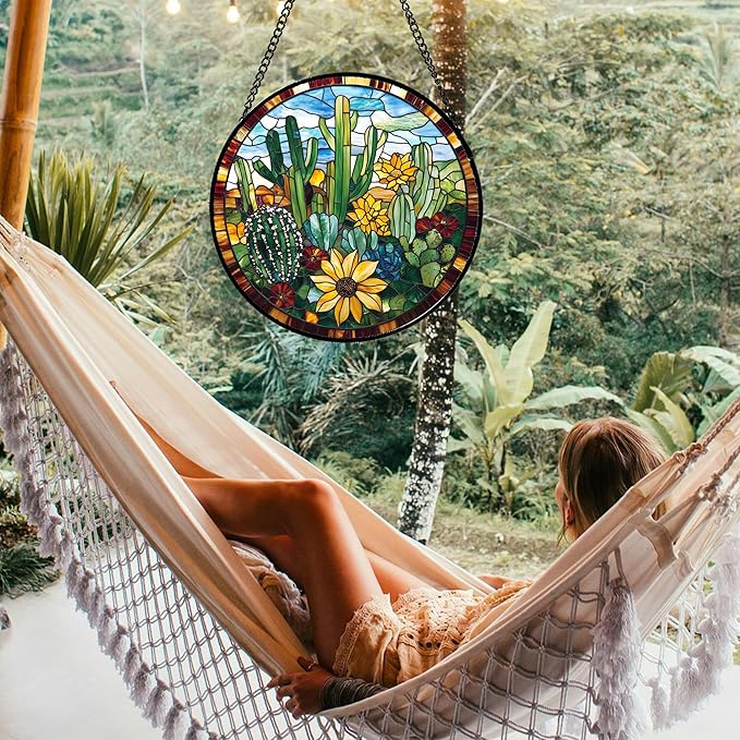 Stained Glass Window Hanging Green Cactus with Yellow Flowers 6.3" - Suncatcher Door Garden Sun Catcher Home Decor Birthday Christmas for Mom Men Woman Friend Nana