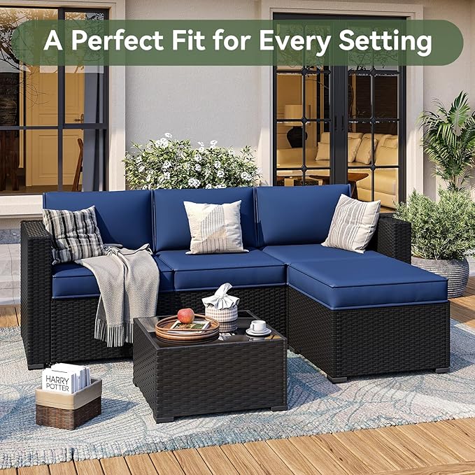 Aoxun Patio Furniture Cushions for Outdoor Furniture Set of 4, Thick Replacement Patio Couch Cushion for Outdoor Furniture, 7-Piece Splashproof Fade Resistant Outdoor Couch Cushions, Navy Blue