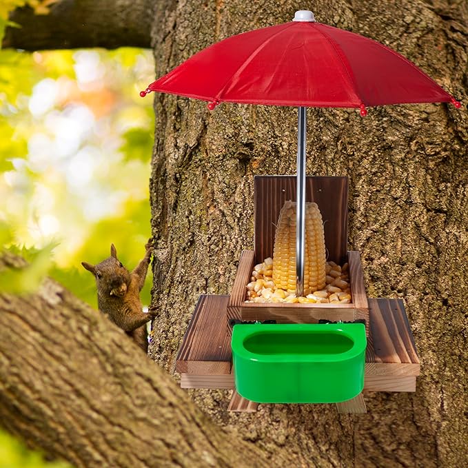 Squirrel Feeder Picnic Table with Water Bowl, Squirrel Feeders for Outside with Umbrella, Brown Squirrel Feeder with Corn Cob Holder Cute Chipmunk Feeder for Yard and Porch Decoration