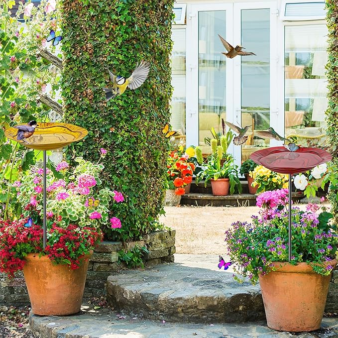 2Pcs Metal Bird Baths for Outside, Hummingbird Small Birdbath Bowl for Outdoors with Metal Stake, Bird Feeder for Garden Yard Lawn Decor (2P-Red&Yellow)