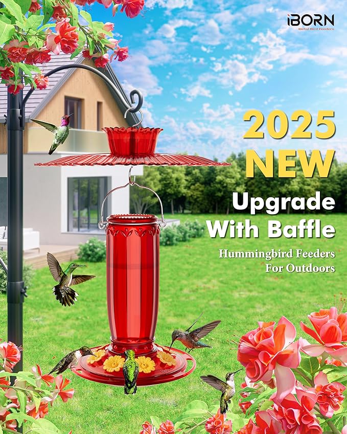 iBorn Hummingbird Feeders for Outdoors Hanging w/Sun Baffle,Ant Proof Moat for Hummingbird Feeder Glass, 8 Ports 16oz Humming Bird Nectar,Red Glass, Red Base,Pack of 1,2025 New