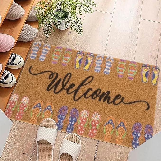 Summer-Door-Mat Outdoor-Entrance Cute Slippers Welcome-Doormat Non Slip Coir Front Door Mat for Summer Home Decor 17 x 29 Inch