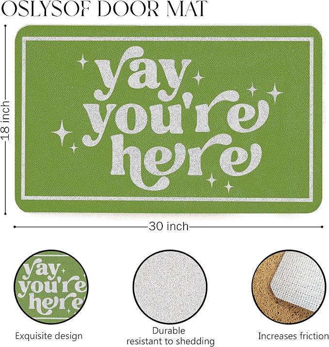 Funny Green Door Mat, Yay You're Here Doormat for Front Door Indoor Outdoor Porch Entrance Entryway, Funny Welcome Mat Outside, 17x30 Inches