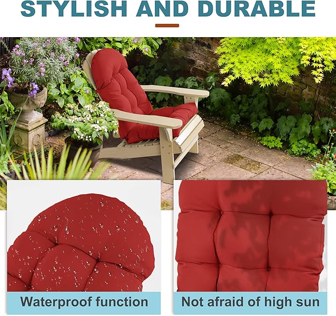 Large Adirondack Chair Cushion, Rocking Chair Cushion 50x20.8x4 inch, High Back Patio Cushions of Upper and Lower with Ties, Sunscreen and Fade-Resistant (Red, 2)
