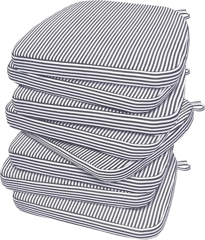AAAAAcessories D-Shaped Chair Cushions, Featuring Ties and Removable, Machine-Washable Cover, 2'' Thick Seat Pads for Kitchen and Dining Rooms, 17'' x 16'', Set of 8, Pinstripe Dark Gray