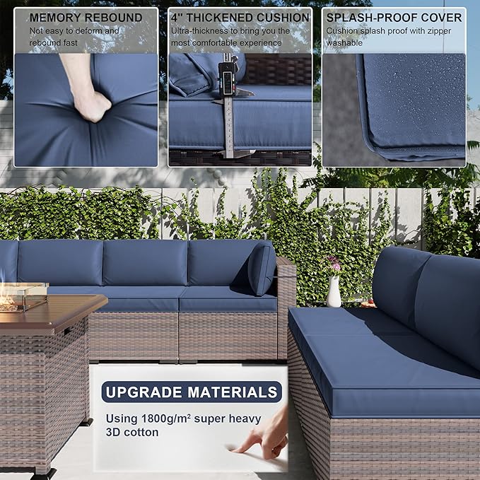Kullavik 15PCS Outdoor Patio Furniture Set with 43" 55000BTU Gas Propane Fire Pit Table PE Wicker Rattan Sectional Sofa Patio Conversation Sets w/8 Coner Sofas,Dark Blue