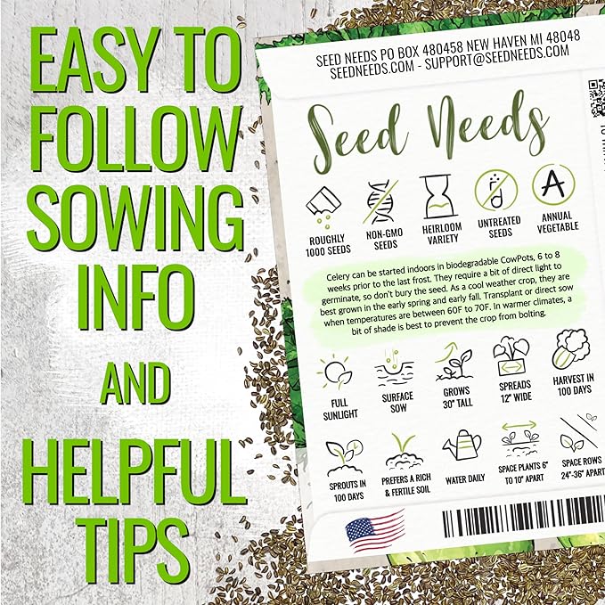 Seed Needs Celery Seeds for Planting Utah 52-70 Celery - Non-GMO, Heirloom & Untreated - Grow a Home Grown Outdoor Vegetable Garden for Fresh Produce (5 Packs)