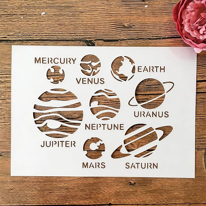 TIAMECH A4 Reusable Solar System Stencil for Painting - Planets Earth Mars Saturn Mercury Layering Template, DIY Wall Art, Wood Furniture, Scrapbook & Crafts (8.3x11.7inch)
