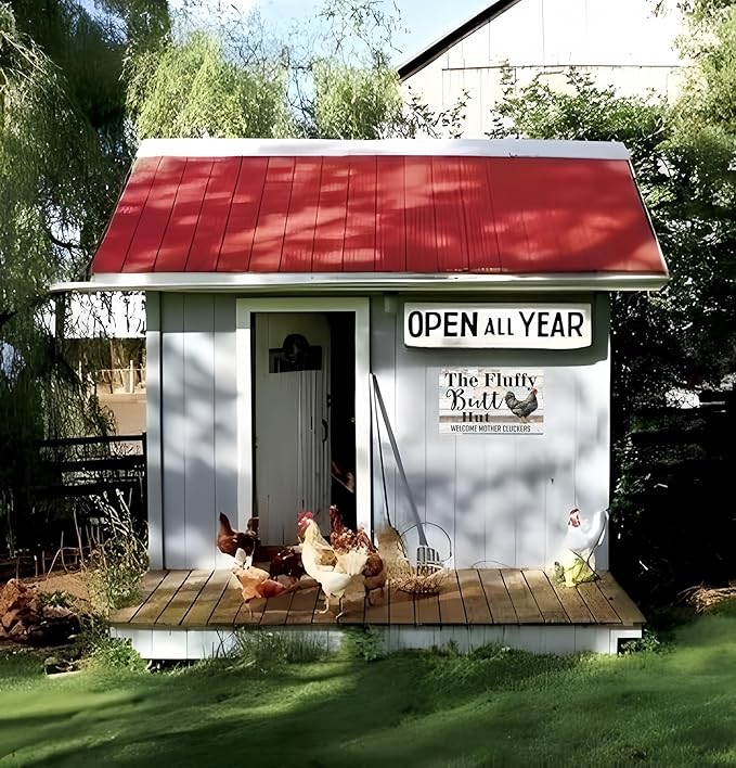 Funny Chicken Gifts Chicken The Fluffy Butt Hut Tin Sign for Home Farm Chicken Coop Farmhouse Kitchen Garden Decor 8 X 12 Inch (3820)