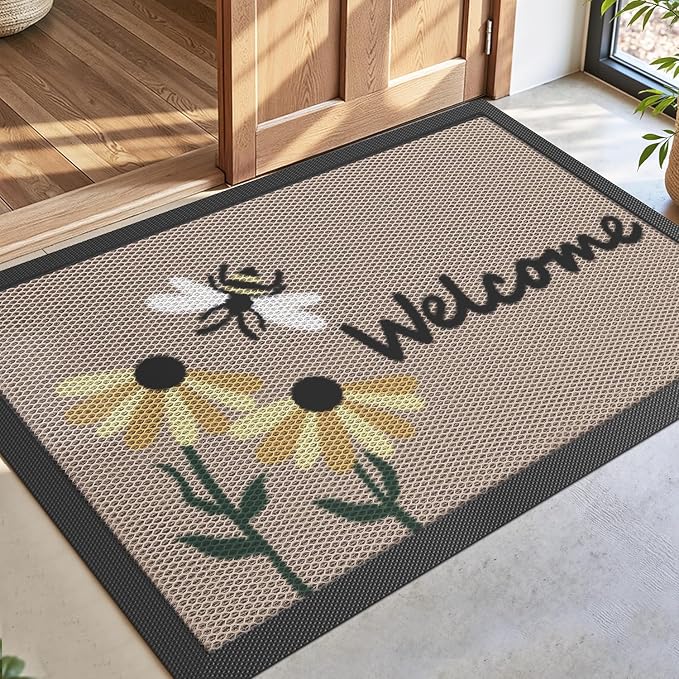 DEXI Front Door Mat Outside Entrance Welcome, Summer Floral Entryway Doormat Dirt Trapper, Heavy Duty Non Slip Entry Mats for Patio Garage Porch Home Decorative, 32x48, Bee and Flower