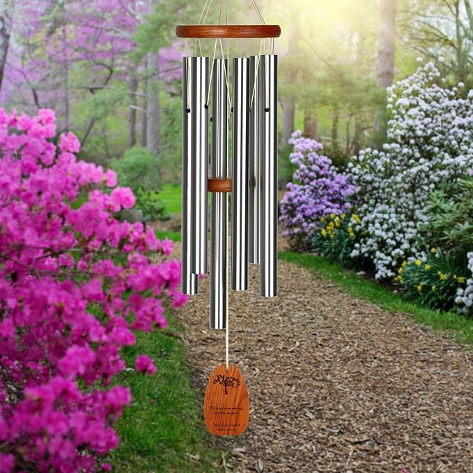 Woodstock Wind Chimes Personalized Amazing Grace Memorial Chime for Outside 24'' Medium Silver Sympathy Customized Forever Inspirational Wind Chime for Outdoor Patio Home Garden Decor (P-AGMS01)