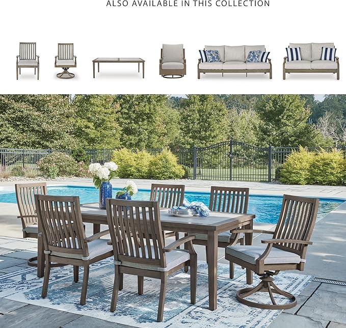 Signature Design by Ashley Rainier Ranch Contemporary Rust Resistant Aluminum High Back Outdoor Arm Chair with Loose Seat Cushion, Set of 2, Nuvella Weather Resistant Fabric, Light Brown & Beige