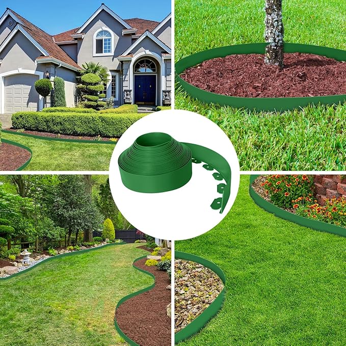 4-Inch x 33 FT Landscape Edging Border with 50 Spikes, Garden Edging Lawn Edging Border Kit, Plastic Edging Border Flexible for Garden Flower Beds Lawn Yard Pathway (Green)