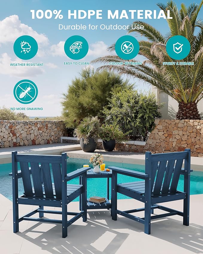 SEWRWALL 3 Pieces Patio Bistro Set, All Weather Adirondack Chair Set with Side Table, HDPE Material Outdoor Patio Furniture Set for Balcony, Porch, Garden, Backyard- Navy