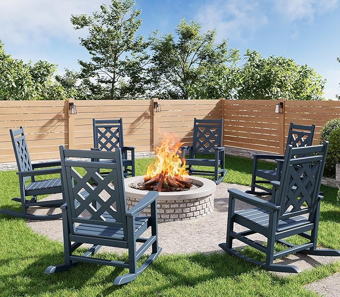 GarveeLife Outdoor Rocking Chair Set of 6, HDPE Weather Resistant Patio Rocking Chair Porch Rocker with Wood Texture & 380 LBS Support for Deck, Pool, Backyard, Navy Blue