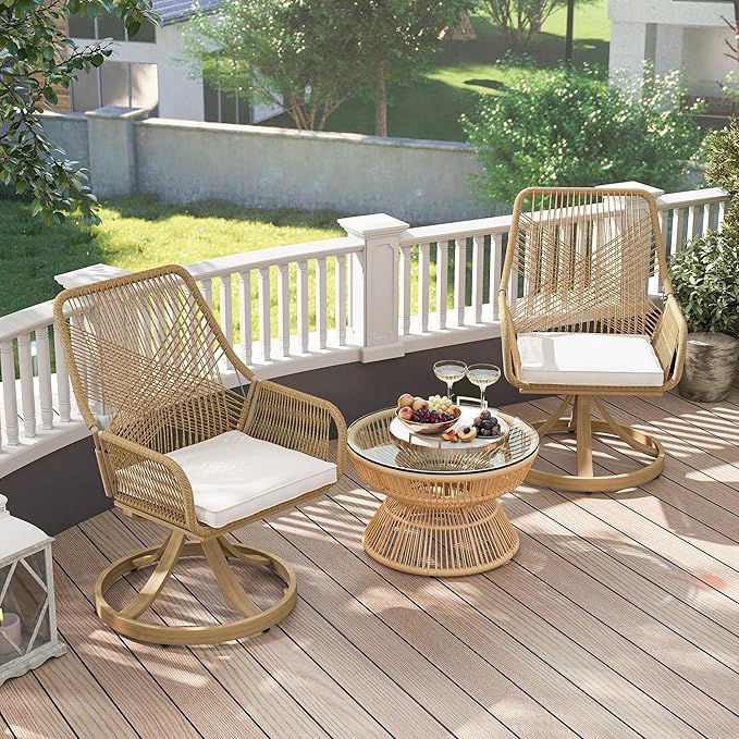 Outsunny Swivel Patio Chairs Set of 2, Rattan Outdoor Patio Dining Chairs with Soft Cushions and Metal Frame for Backyard, Lawn, Porch, or Garden, Khaki