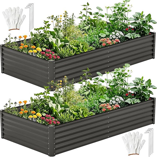 DWVO 2pcs 8 x 4 x 1.5 FT Raised Garden Bed Kit, Outdoor Galvanized Flower Bed with Safety Rubber and Gloves, Large Metal Planter Box for Vegetables, Flowers, Herbs, Fruits, Black