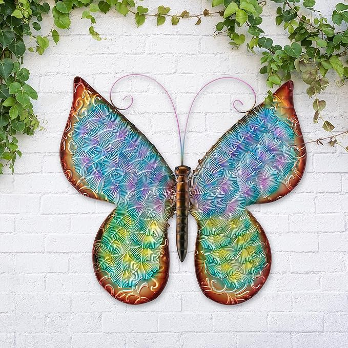 Glitzhome Metal Butterfly Wall Decor, 20 "H Colorful Metal Wall Art with Hand Painted Distressed Finish and 3D Embossed Texture, Outdoor Porch Patio Home Wall Accent