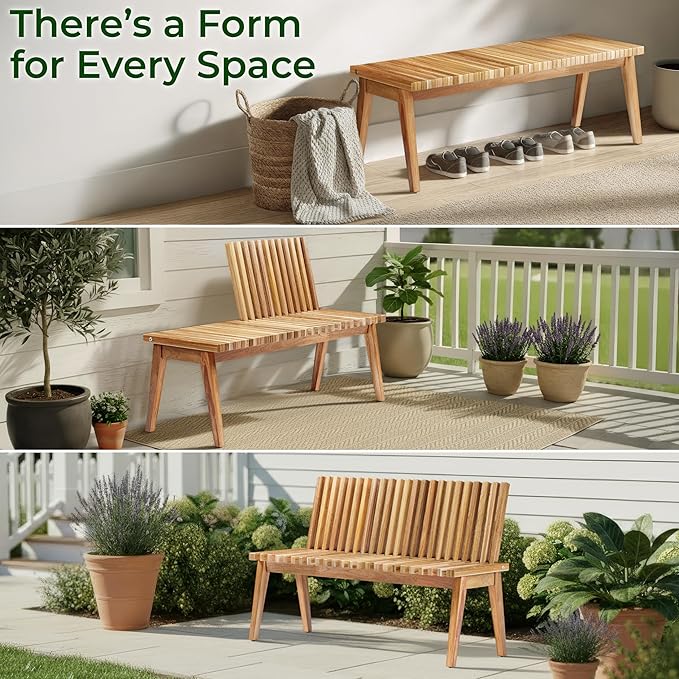 Melino Wooden Outdoor Slat Bench, 2 in 1 Convertible Bench to Table, Acacia Solid Wood Construction for Patio, Garden and Entryway, 47 Inch