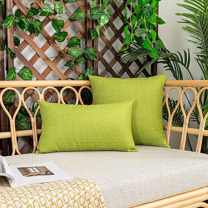 Kevin Textile Pack of 2 Decorative Outdoor Waterproof Checkered Pillow Covers Spring Square Garden Cushion Sham Throw Pillowcase Shell for Patio Tent Couch 24x24 Inch Green