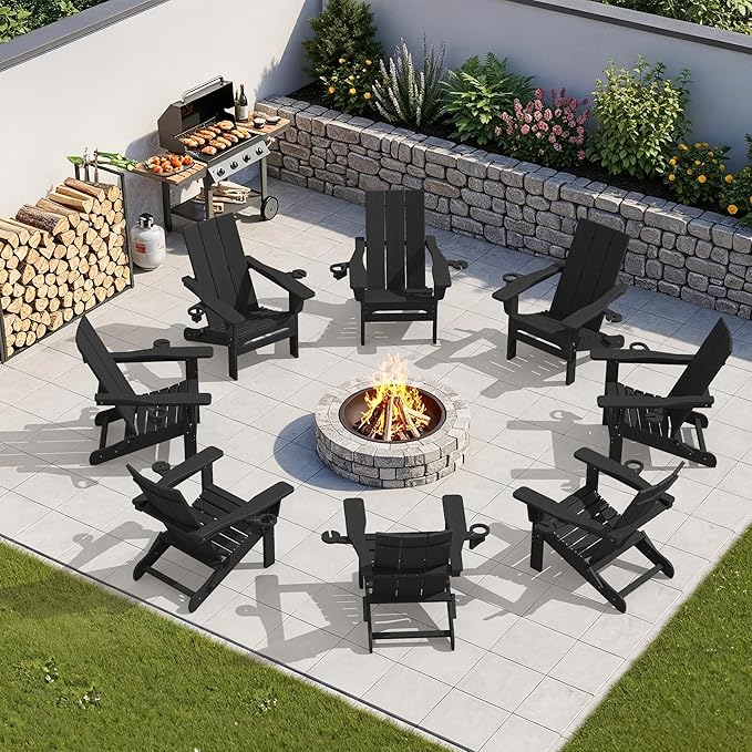 SERWALL Modern Adirondack Chair Set of 2, Folding Adirondack Chair with Dual Cup Holders, Outdoor HDPE Plastic Fire Pit Chairs for Patio Lawn Garden, Black
