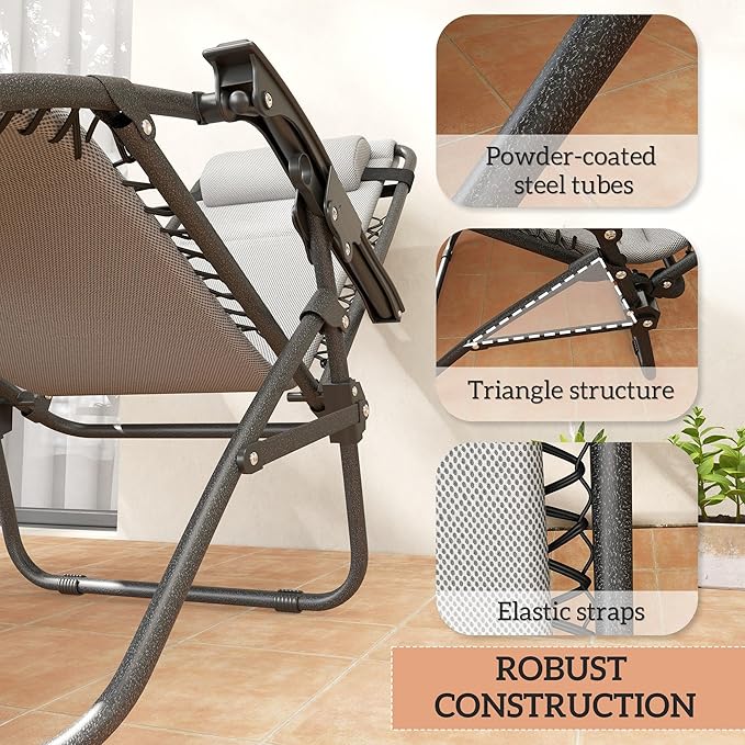 Outsunny Zero Gravity Chairs Set of 2, Reclining Folding Zero Gravity Lounge Chair, Outdoor Lounge Chairs with Cushion, Headrest, and Cup Phone Holder Tray for Patio, Beach, Light Gray