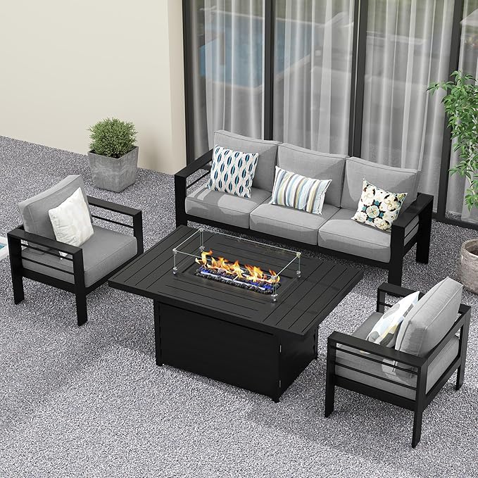 Solaste Aluminum Patio Furniture Set with Fire Pit Table, 4 Piece Metal Outdoor Furniture with Water-Resistant Cushions, Modern Patio Conversation Set for Backyard,Black Frame and Grey Cushion