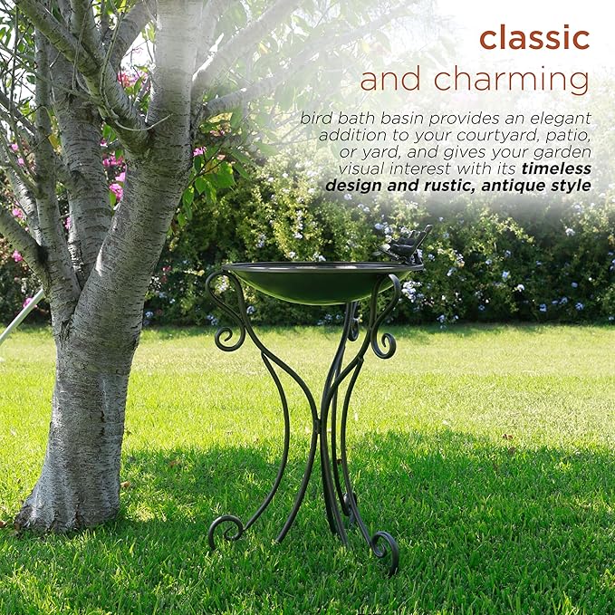 Alpine Corporation Vintage Metal Birdbath with Twigs and Bird Figurines - Iron Outdoor Decor for Garden, Patio, Deck, Porch