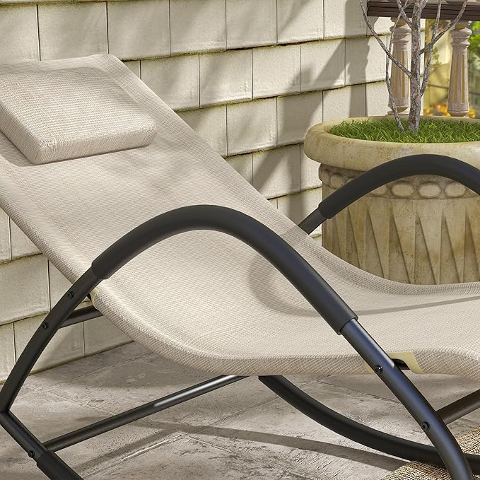Outsunny Rocking Chair, Zero Gravity Patio Chaise Sun Lounger, Outdoor Rocker, UV Water Resistant, Pillow for Sunbathing, Lawn, Garden or Pool, Light Brown